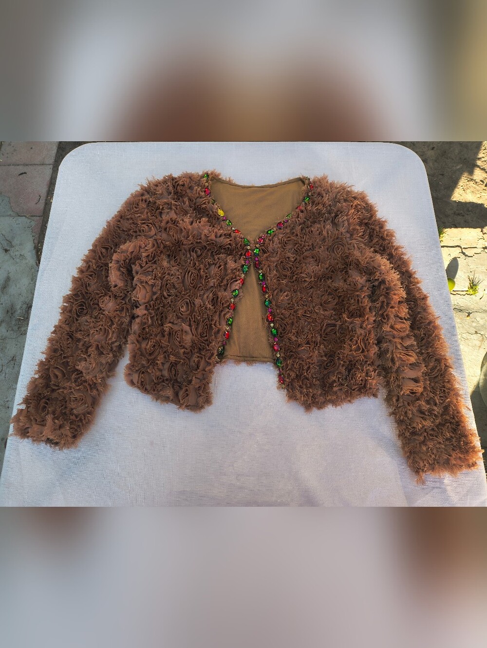 Brown Textured Cropped Jacket With Multi Color Rhinestones